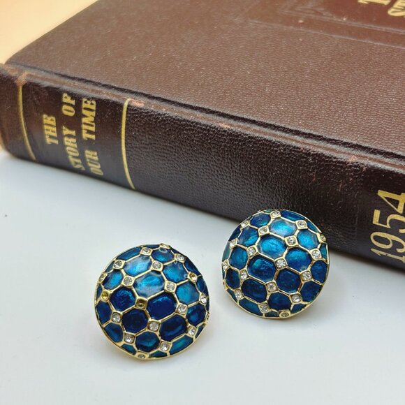 Vintage 1980s Butler Clip-On Earrings, Blue-Green Enamel & Rhinestones - Picture 3 of 9